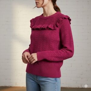 Ruffle Eyelet Knit Greylin Magenta Fuchsia Crew Neck Sweater Size L Large